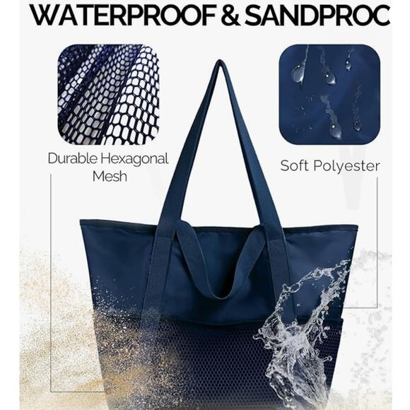 Beach Bag Large Waterproof Sandproof Foldable Tote with Zipper Mesh Pockets - Picture 2 of 5